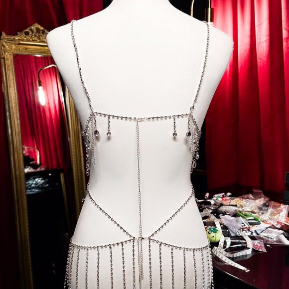 Rhinestone Crystal Body Chain Dress, Shoulder Lingerie Top Festival Body Jewelry - Picture 8 of 12